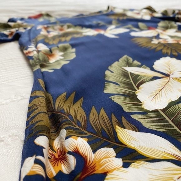 TWO PALMS NAVY HAWAIIAN FLORAL SHORT SLEEVE TRUMPET RUFFLE MAXI DRESS - S - Picture 7 of 8